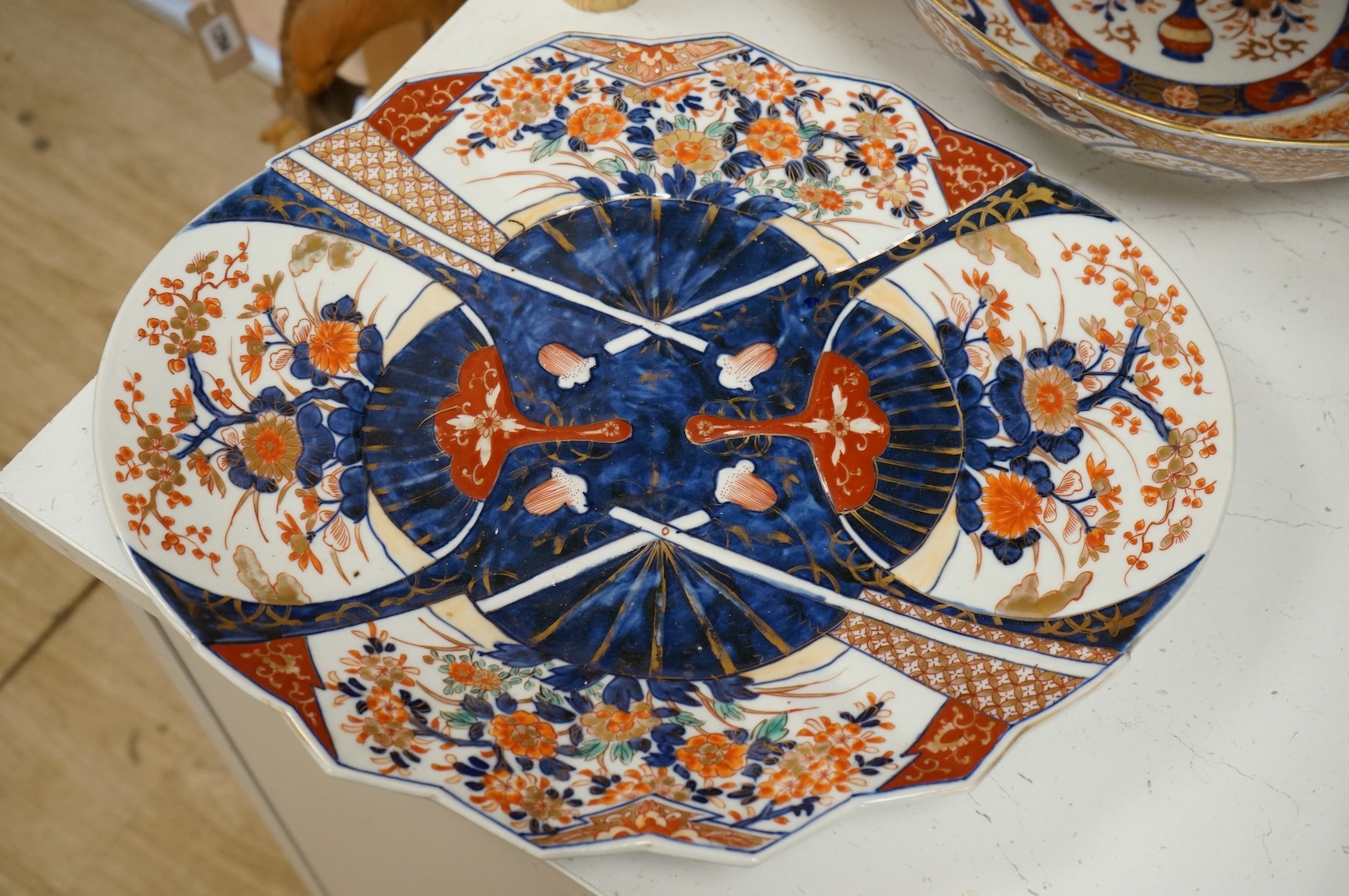 An oval Imari dish moulded with fans and a large Koransha Imari bowl, largest 38cm wide (2)